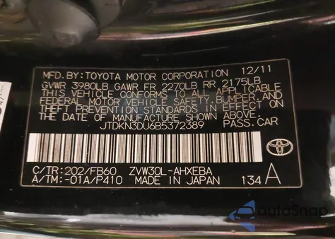 2011 Toyota Prius Two z USA, uszkodzony, nr VIN JTDKN3DU6B5372389